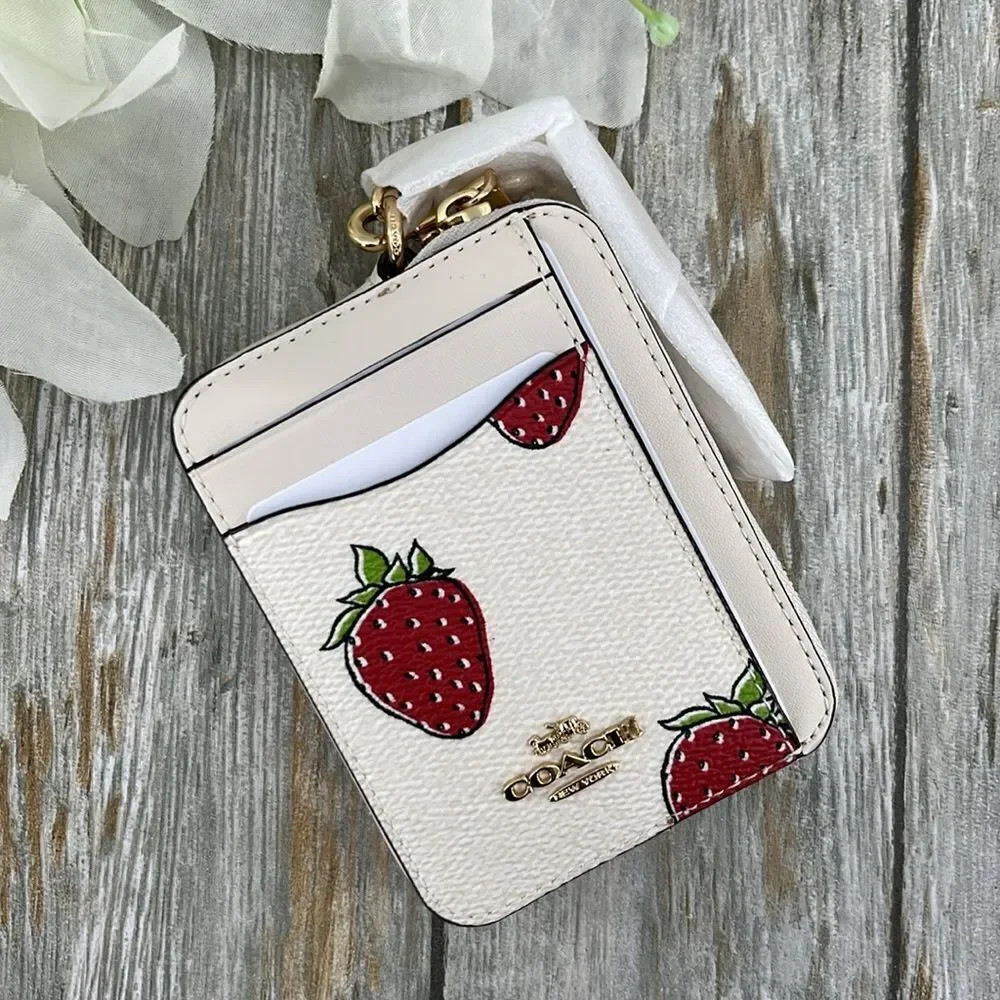 Coach Zip Card Case With Strawberry Print Wallet Bag Purse
